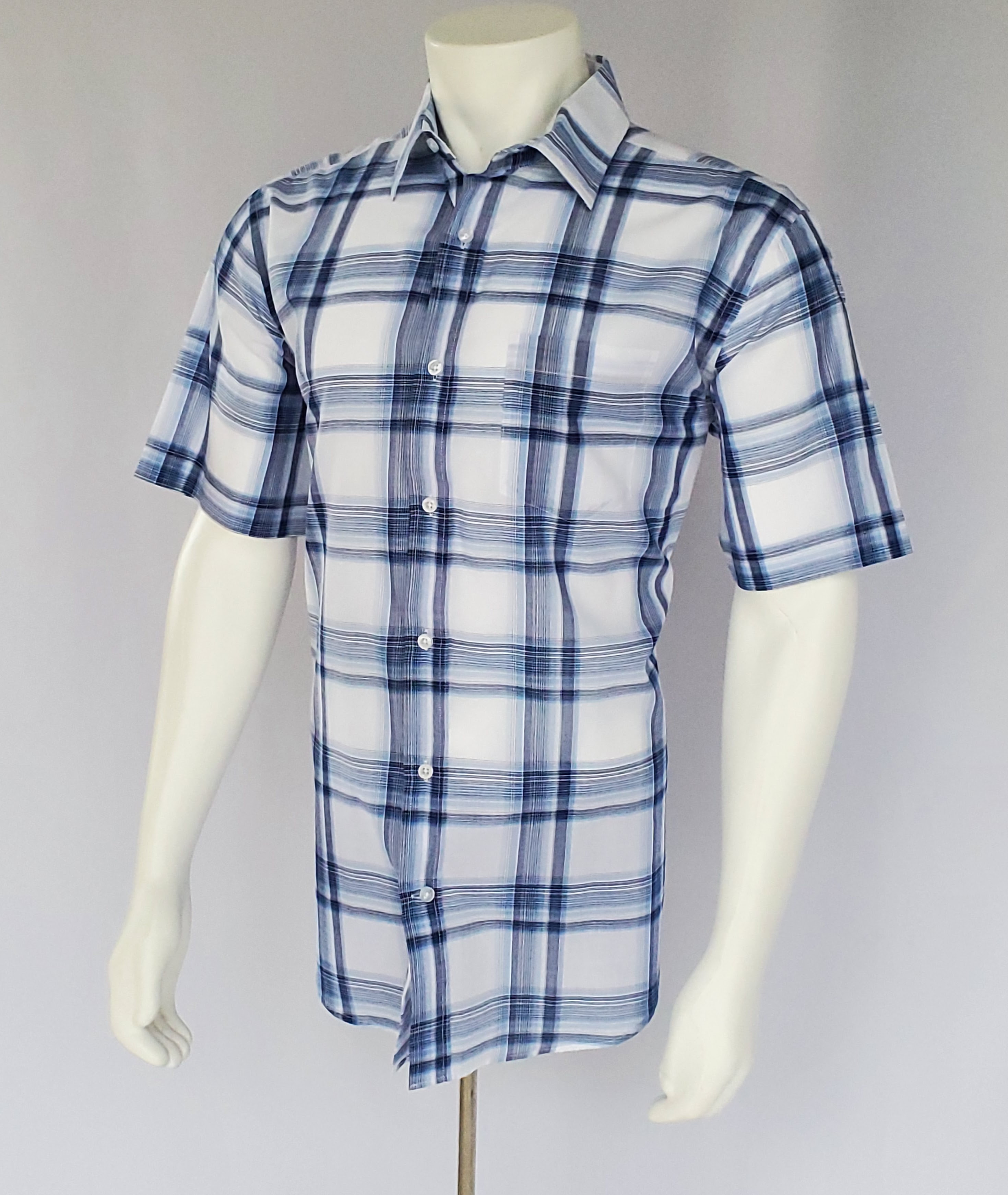 Men's Short Sleeve Large Blue Plaid Casual Shirt - Akashi Collection