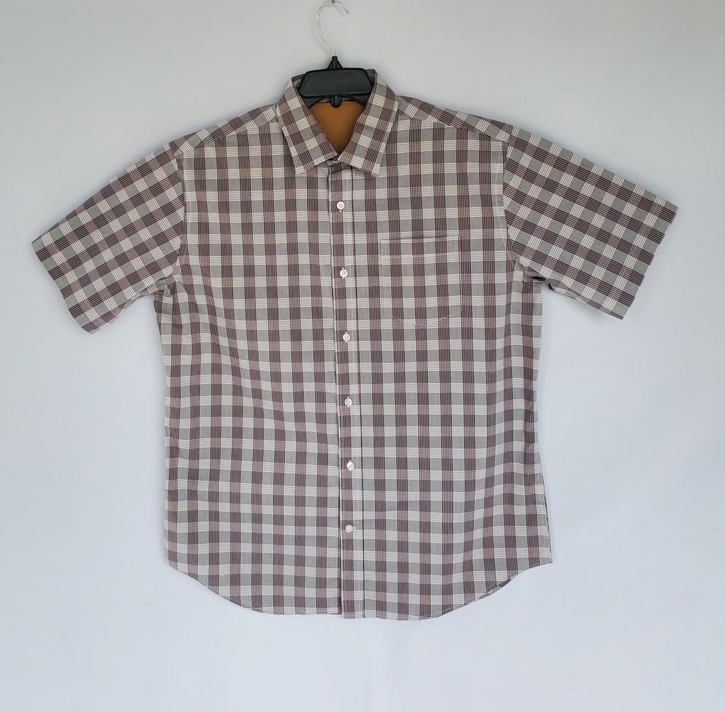 Men's Short Sleeve Gray White Brown Plaid Casual Shirt - Akashi Collection