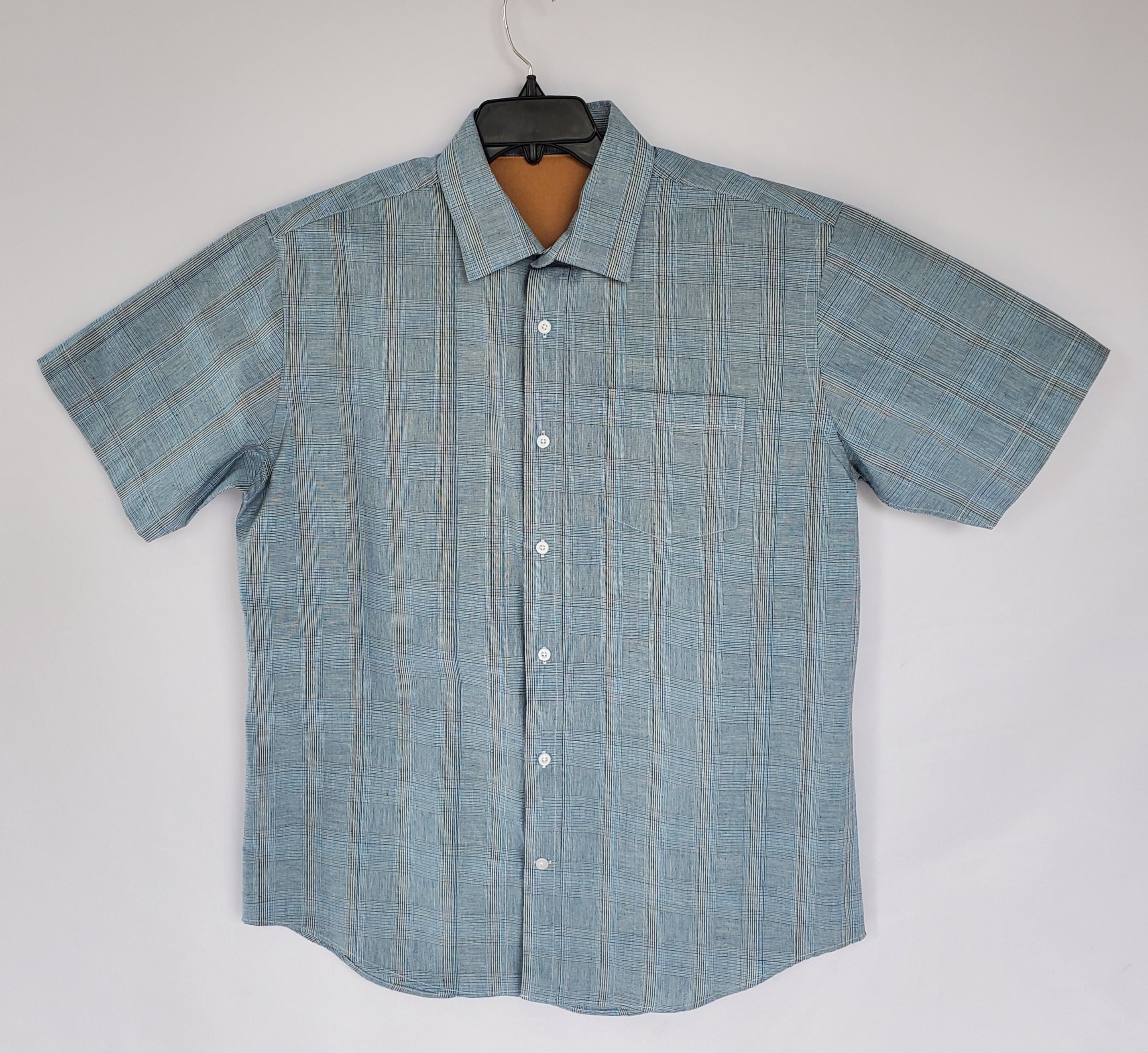 Men's Short Sleeve Blue Brown Plaid Casual Shirt - Akashi Collection